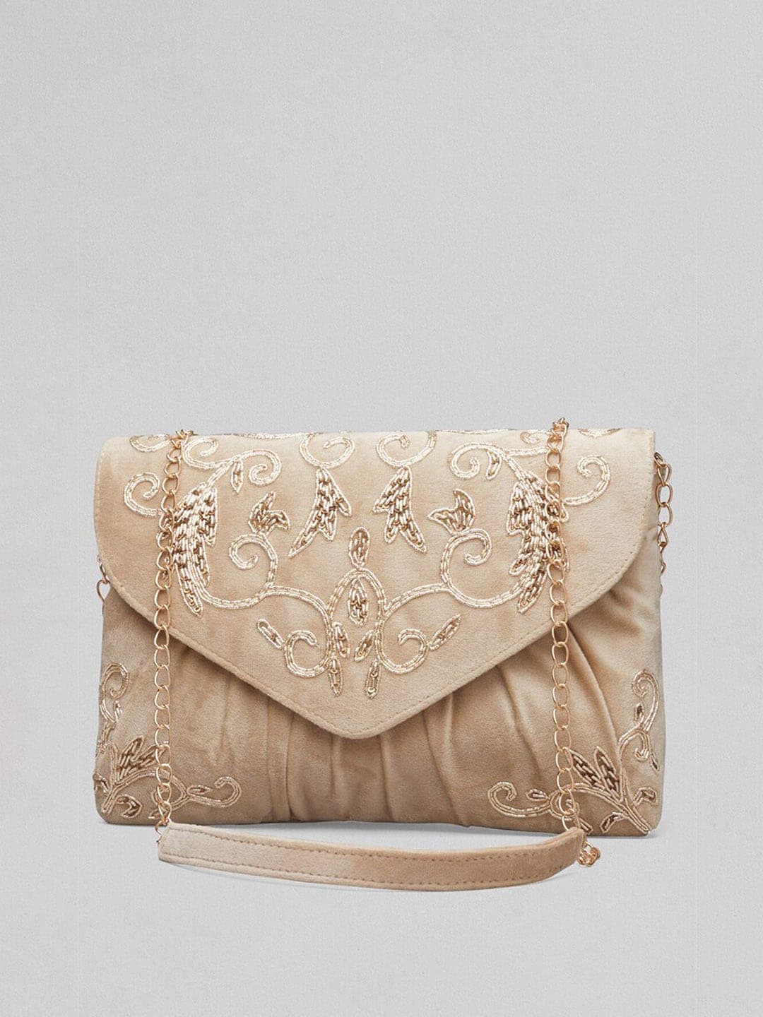Rubans Gold-Toned & Brown Embroidered Box Clutch - Distacart