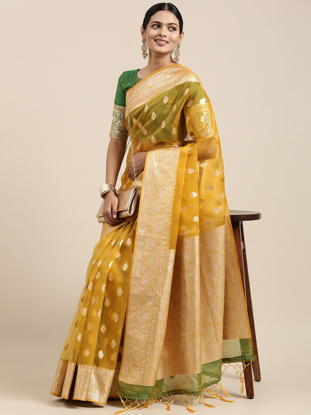 Saree Mall Mustard Ethnic Motifs Zari Organza Banarasi Saree - Distacart