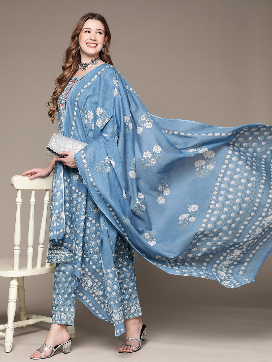 Anubhutee Women Blue Floral Printed Pure Cotton Kurta with Trousers & Dupatta - Distacart