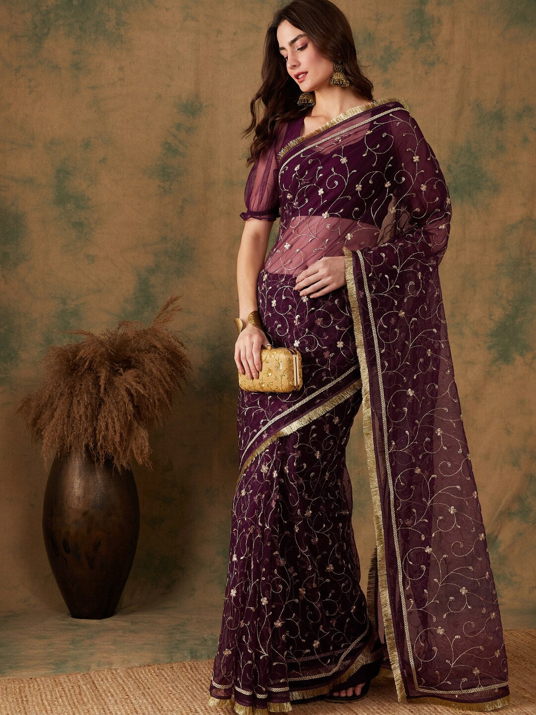 Sangria Floral Zari Jaal Embroidered Sarees - Distacart