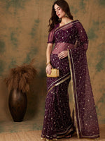 Thumbnail for Sangria Floral Zari Jaal Embroidered Sarees - Distacart