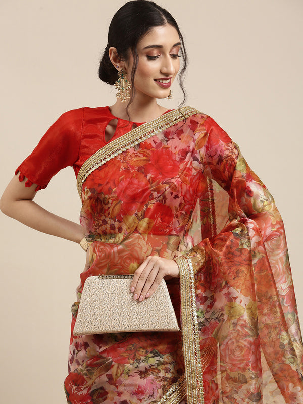 Tikhi Imli Red Floral Organza Saree - Distacart
