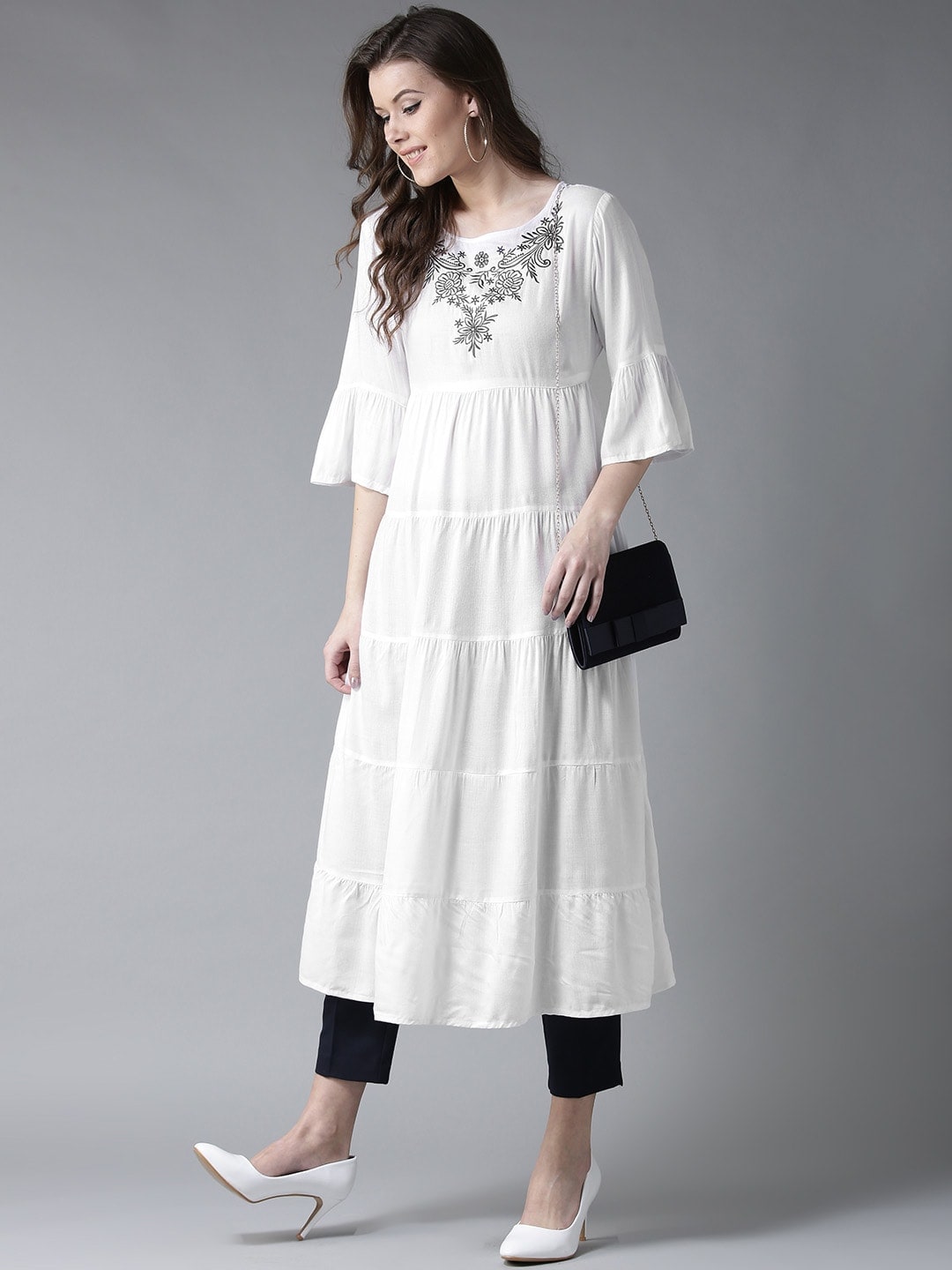 HERE&NOW Women White Yoke Design Anarkali Kurta - Distacart