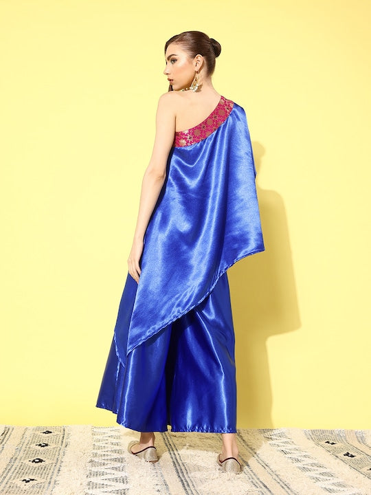 InWeave Women's Blue Pink Brocade Satin Oneshoulder Kurta Set - Distacart