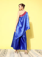 Thumbnail for InWeave Women's Blue Pink Brocade Satin Oneshoulder Kurta Set - Distacart