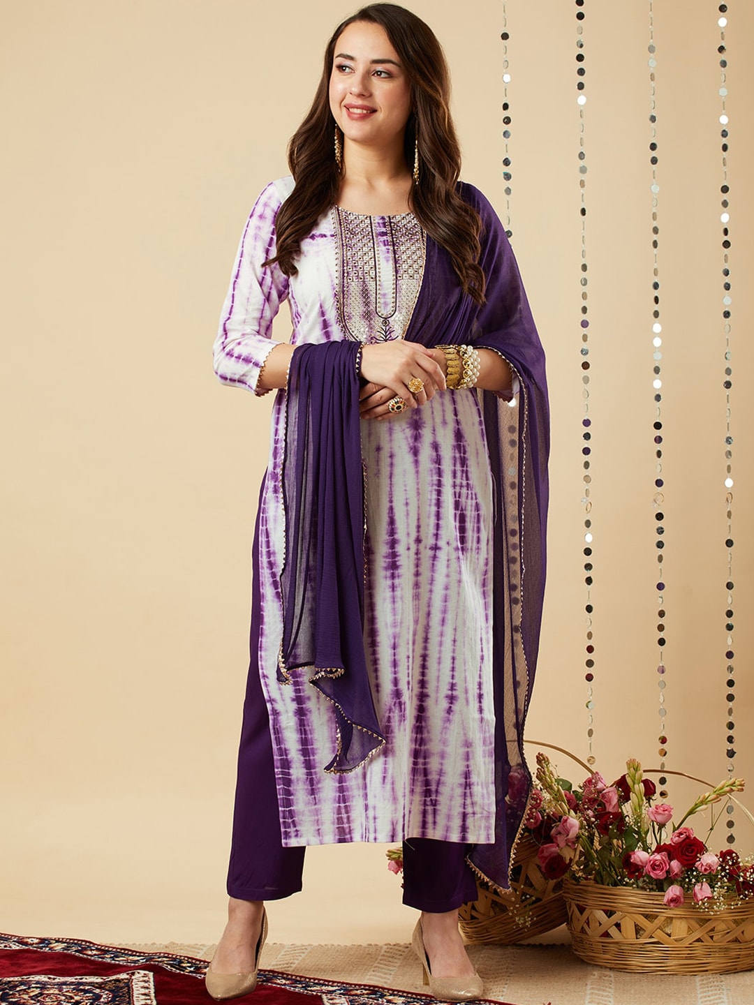 Kalini Abstract Printed Thread Work Kurta With Trousers & Dupatta - Distacart