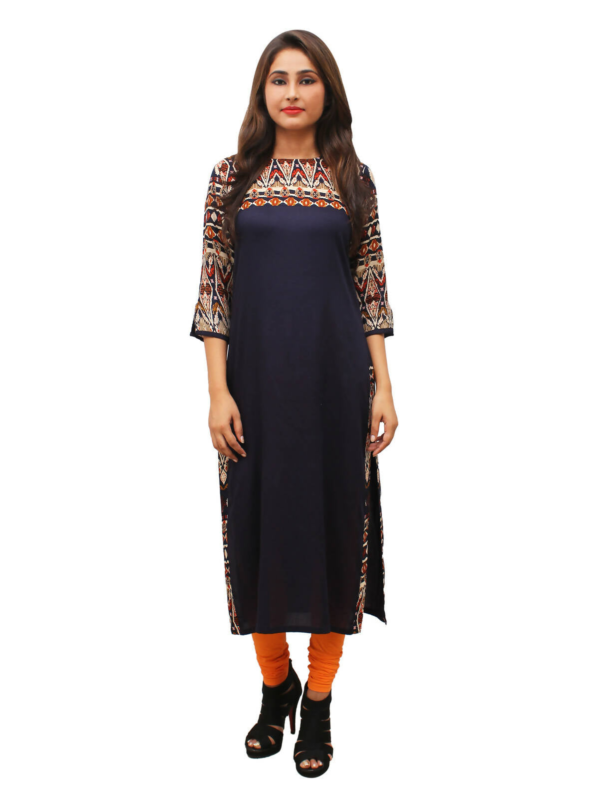 Women's Navy Printed Yoke And Sleeves, Round Neck Kurti - G & A Apparels - Distacart