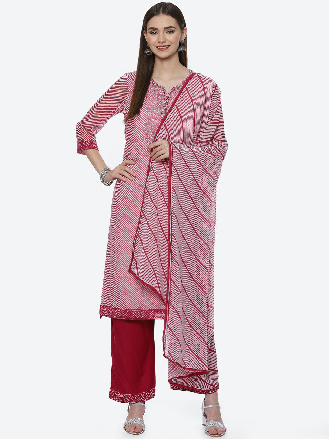 Biba Women Pink Striped Sequinned Kurta with Palazzos & With Dupatta - Distacart