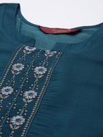 Thumbnail for Sangria Women Teal Blue Embroidered Pure Cotton Kurta with Trousers & Dupatta - Distacart