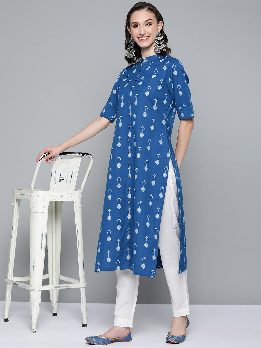 HERE&NOW Women Blue & White Ethnic Motifs Printed Kurta - Distacart