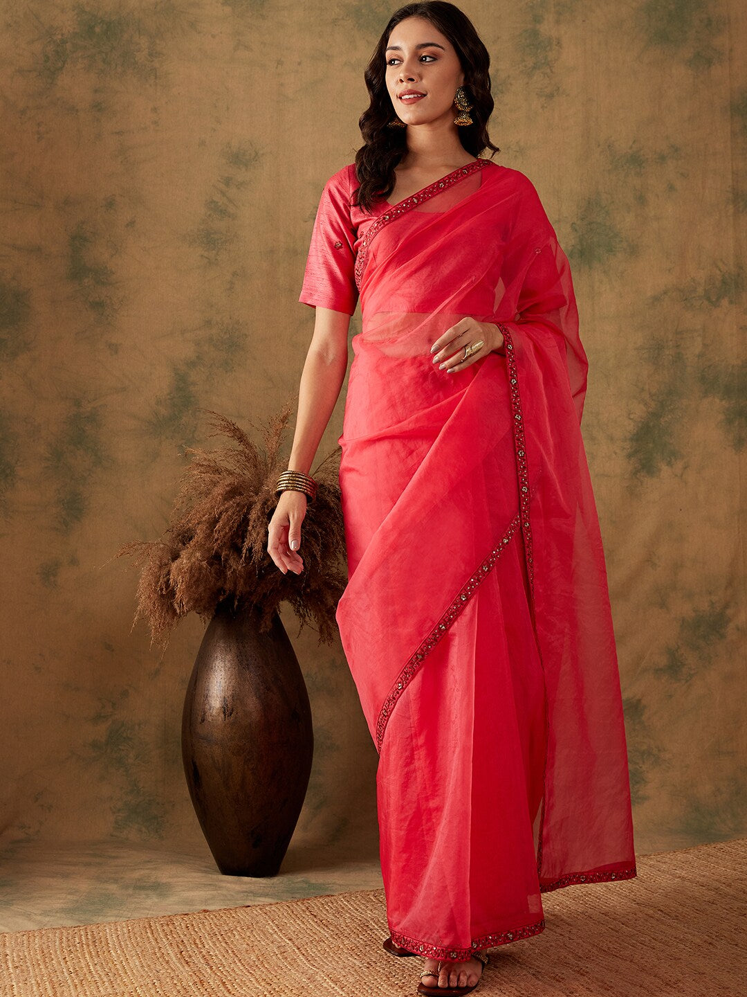 Sangria Thread & Sequin Embroidered Border Sarees - Distacart