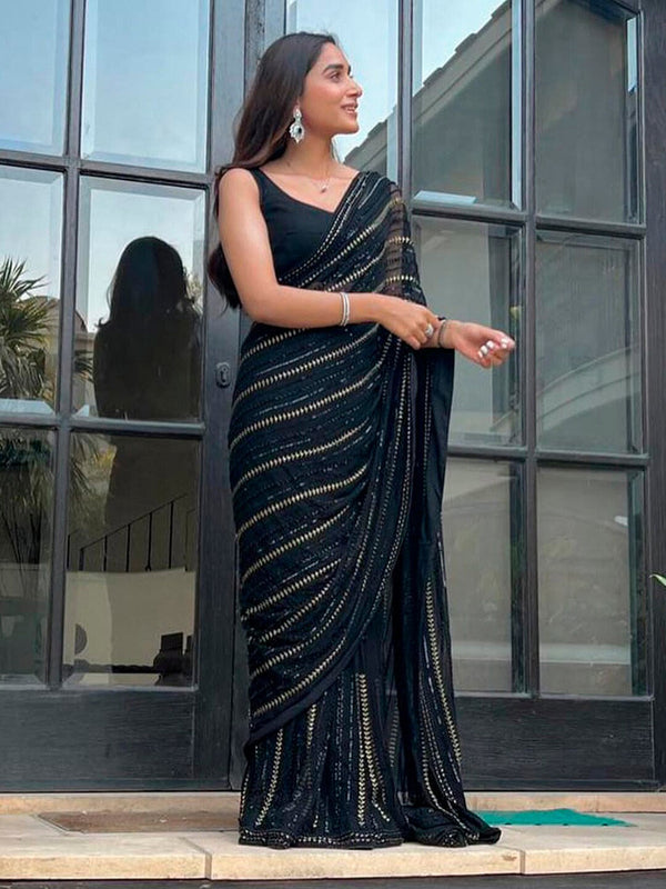 Sangria Embellished Sequinned Pure Georgette Saree - Distacart