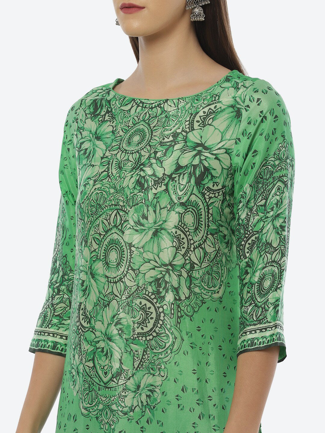Biba Women Green Floral Printed Cotton Kurta - Distacart