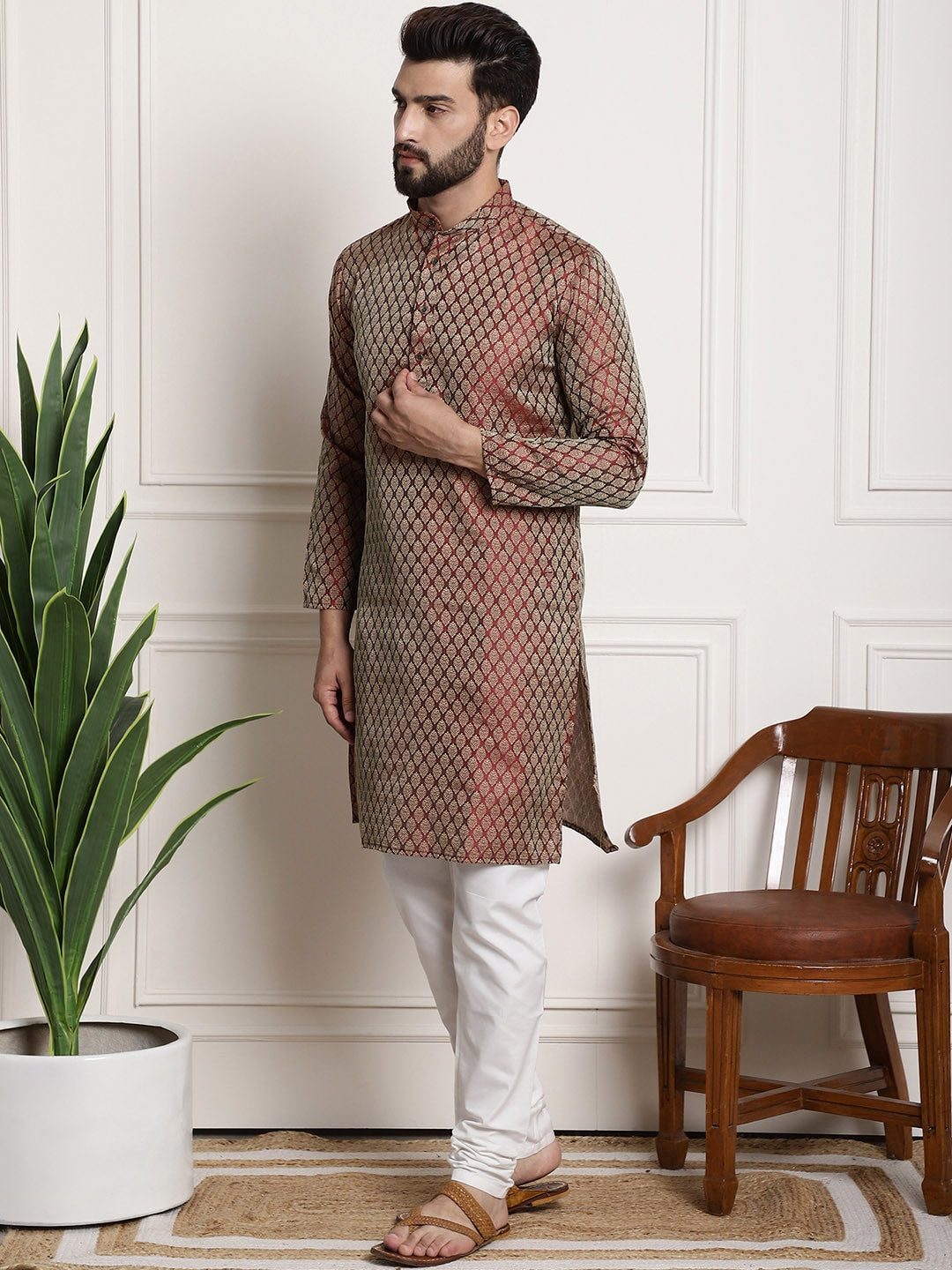 Sojanya Men Maroon & Off-White Woven Design Kurta with Churidar - Distacart