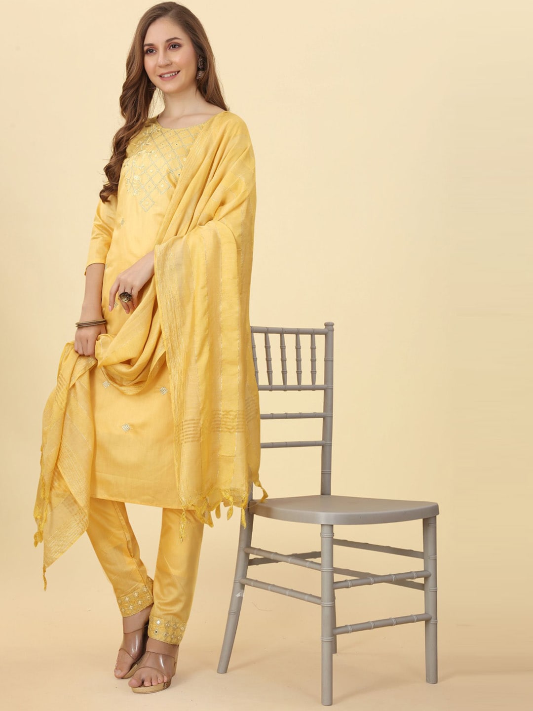 Kalini Floral Embroidered Mirror Work Chanderi Silk Kurta with Trousers & Dupatta - Distacart