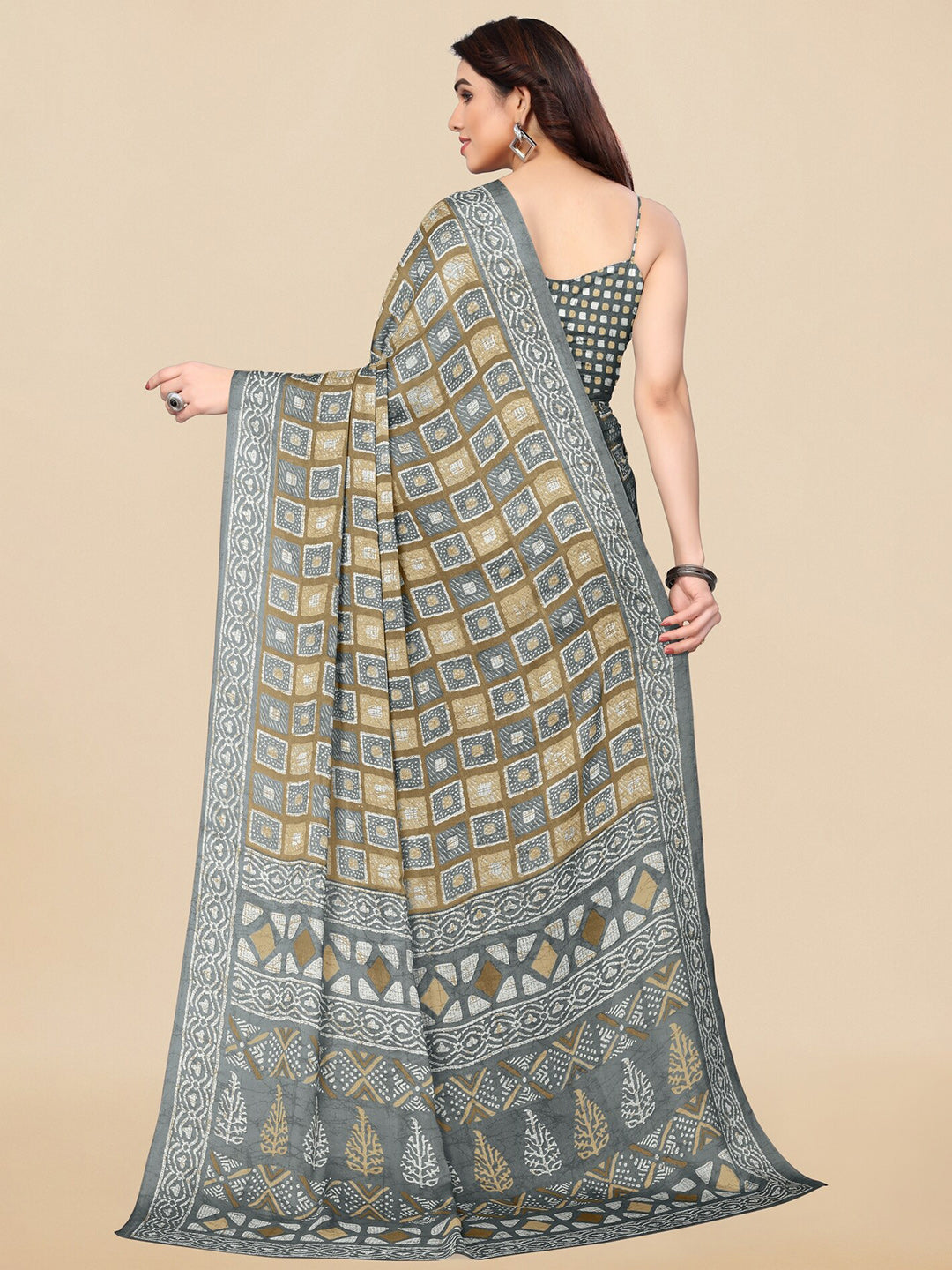 Kalini Beige & Grey Colourblocked Chiffon Block Print Saree - Distacart