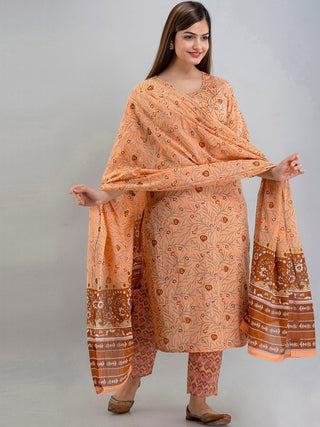 Kalini Women Rust Ethnic Motifs Printed Layered Pure Cotton Kurta with Trousers & Dupatta - Distacart