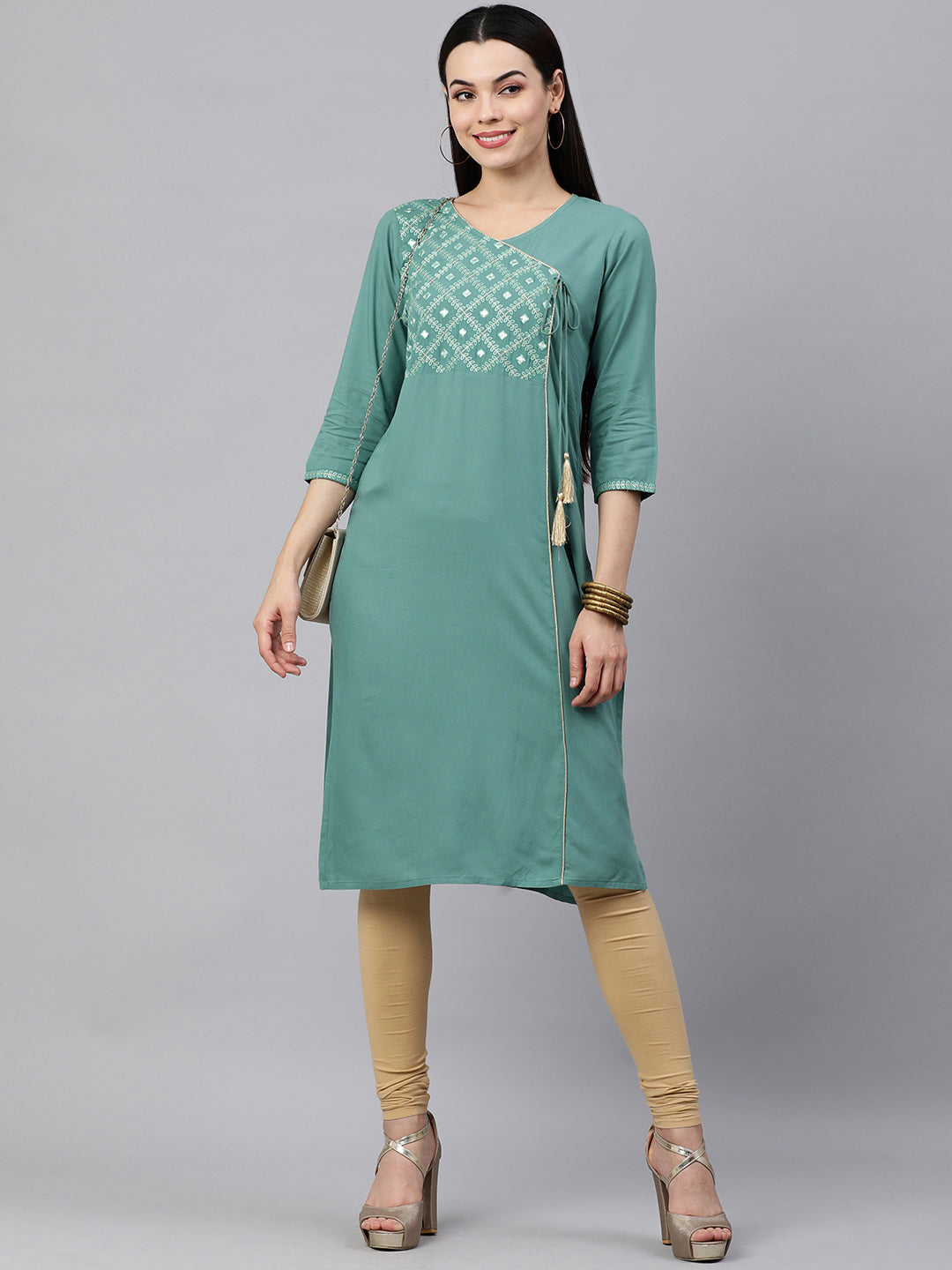 Kalini Women Sea Green Ethnic Motifs Embroidered Angrakha Kurta - Distacart