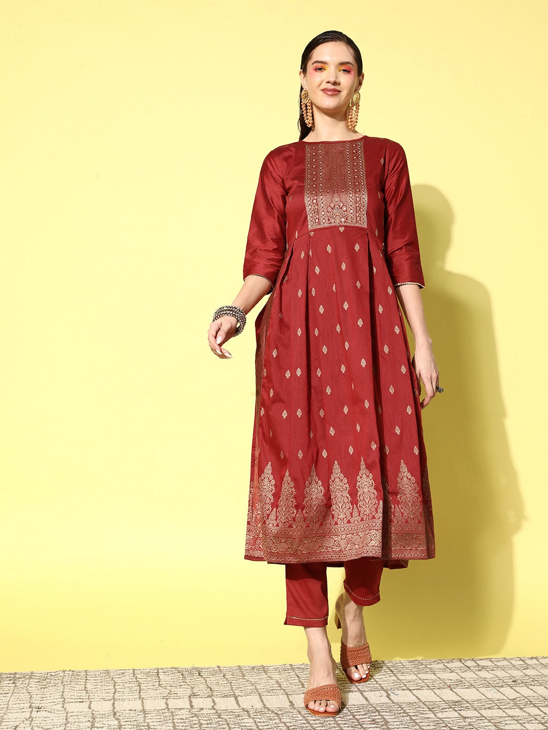 Sangria Floral Yoke Design Pleated Mirror Work Chanderi Silk Kurta with Trousers - Distacart