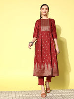 Thumbnail for Sangria Floral Yoke Design Pleated Mirror Work Chanderi Silk Kurta with Trousers - Distacart
