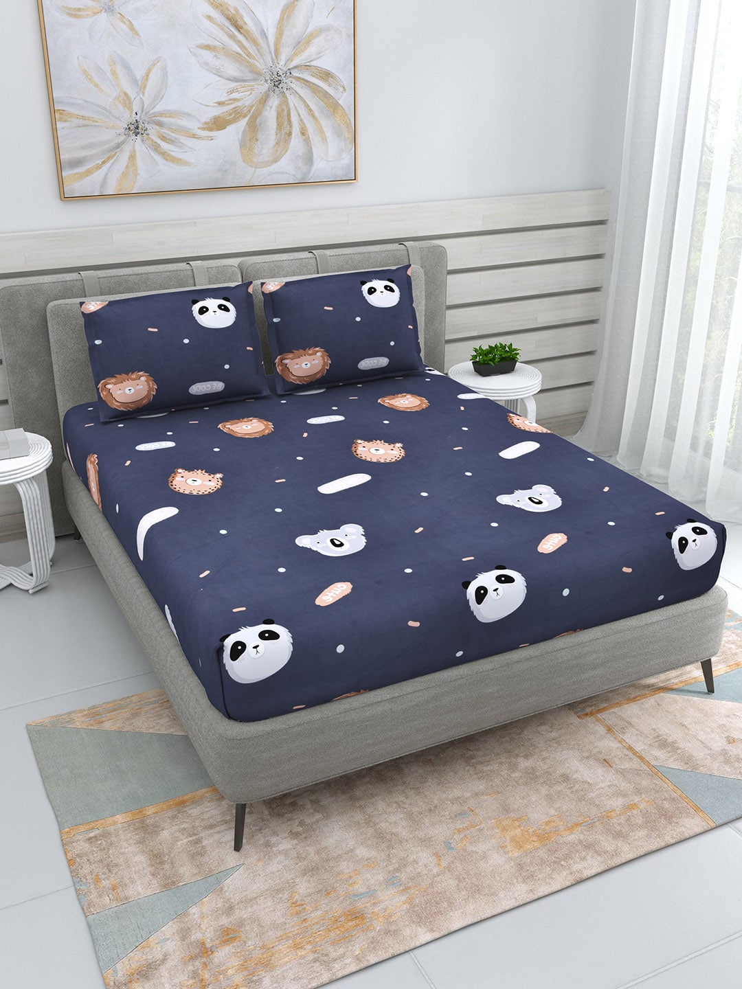 DREAM WEAVERZ Navy Blue & White Conversational Glazed Cotton 220 TC King Bedsheet with 2 Pillow Covers - Distacart