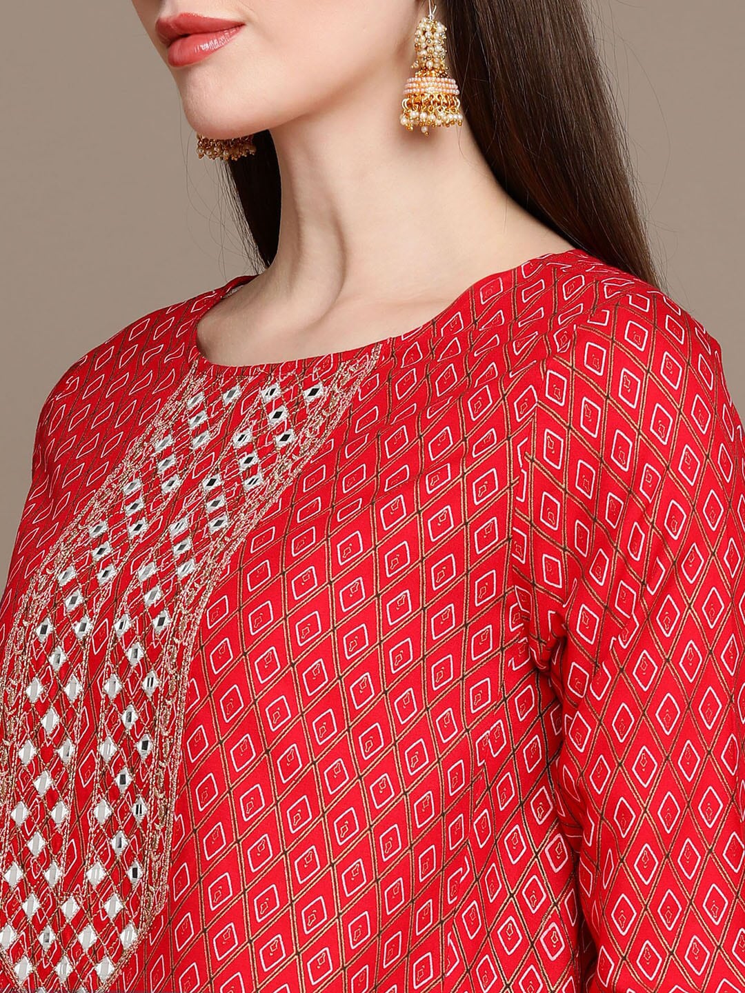 HERE&NOW Embroidered Ethnic Motifs Printed Mirror Work Asymmetric Kurti with Palazzos - Distacart