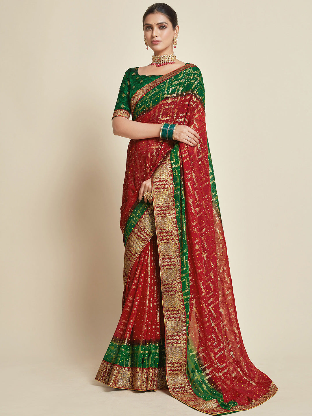 Sangria Red & Green Woven Design Zari Poly Georgette Bandhani Saree - Distacart