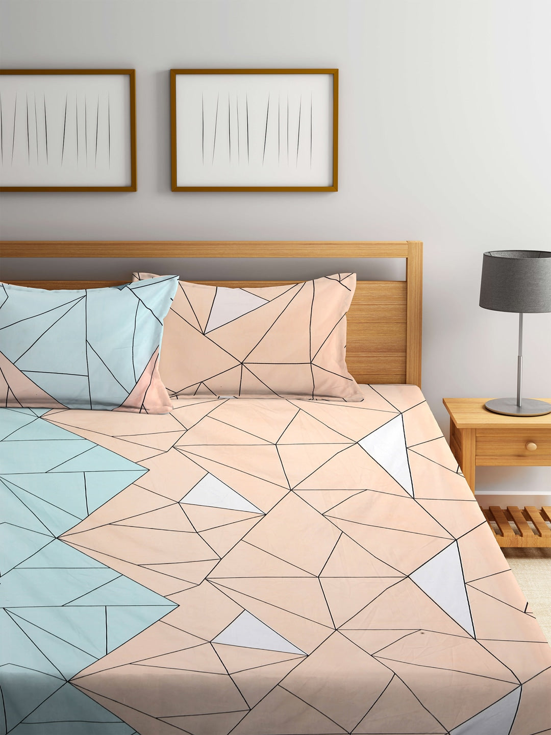 KLOTTHE Blue & Pink Geometric 300 TC King Fitted Bedsheet With 2 Pillow Covers - Distacart