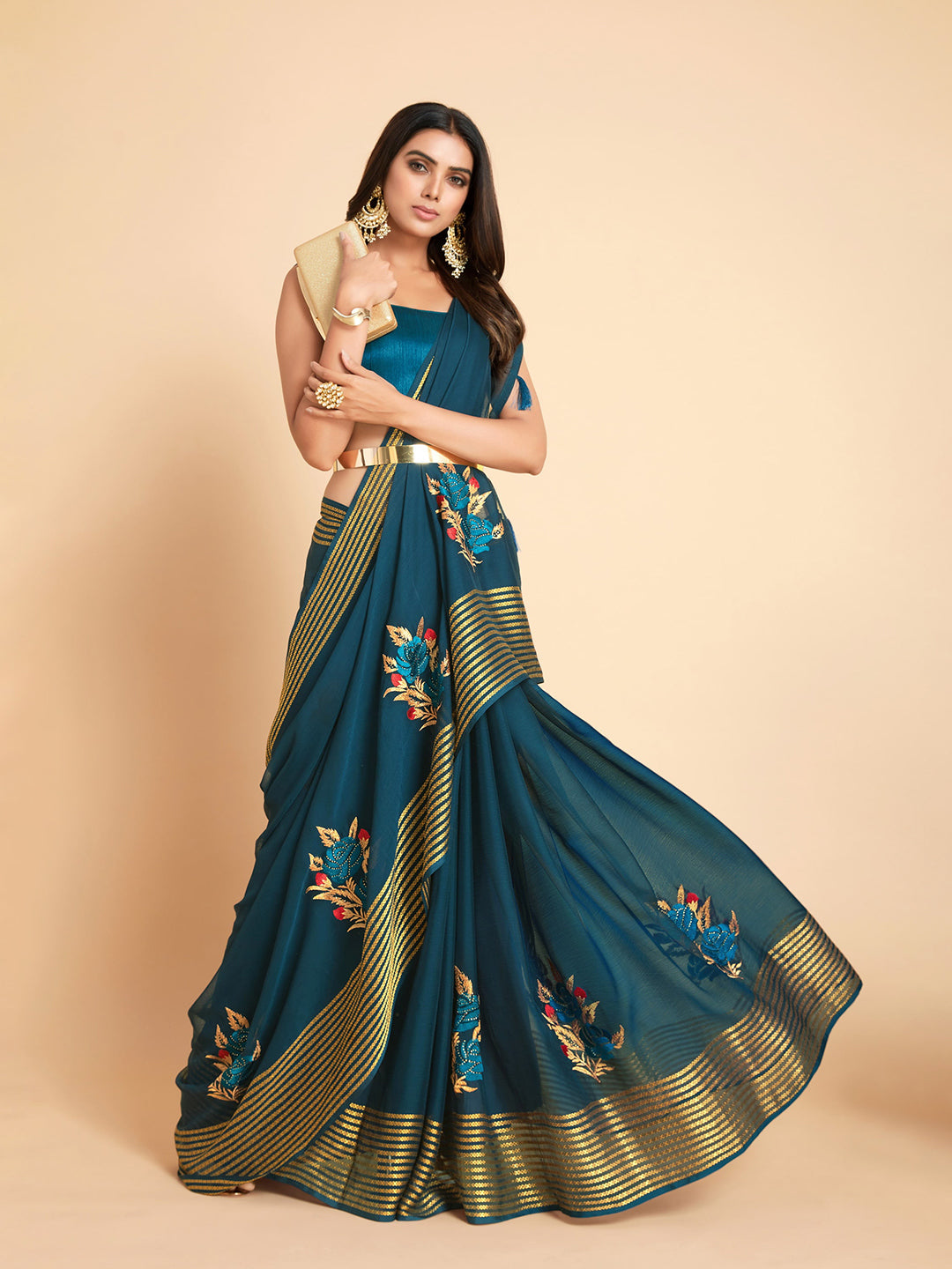Sangria Green & Gold-Toned Embellished Pure Chiffon Saree - Distacart