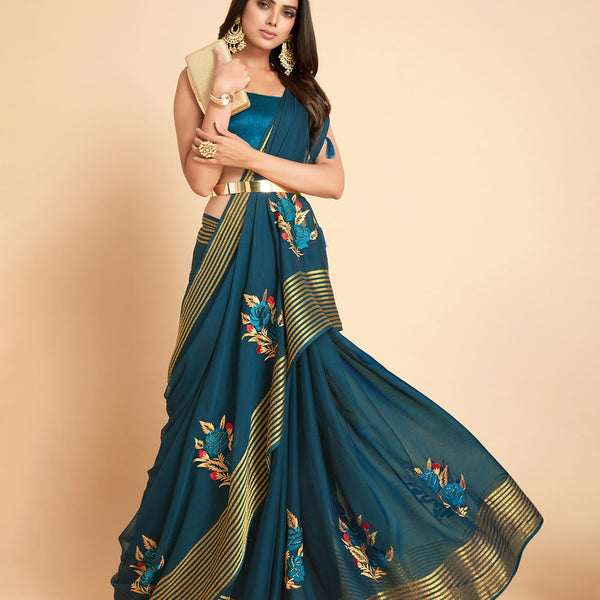 Sangria Green & Gold-Toned Embellished Pure Chiffon Saree - Distacart