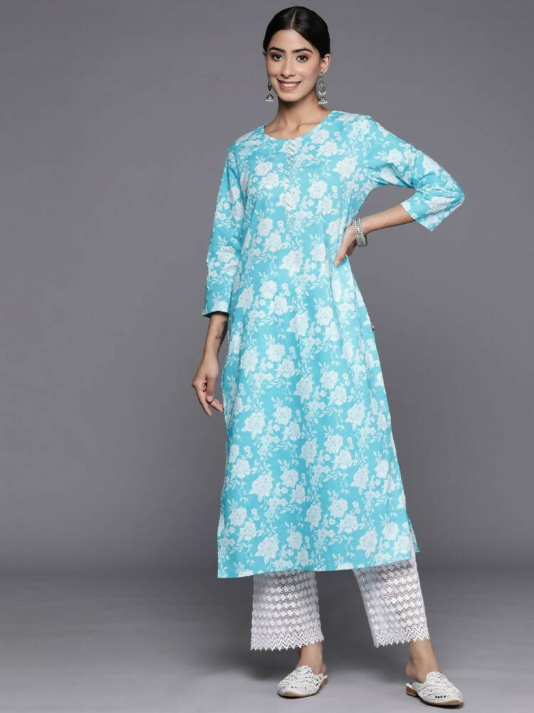 Varanga Women Blue Floral Printed Straight Kurta With Three Quarter Sleeves - Distacart