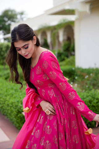 Pink Pure Reyon Gold Foil Work Stitched Suit With Dupatta - Anbazaar - Distacart