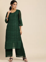 Thumbnail for Sangria Women Green Ethnic Motifs Chikankari Kurta with Palazzos - Distacart