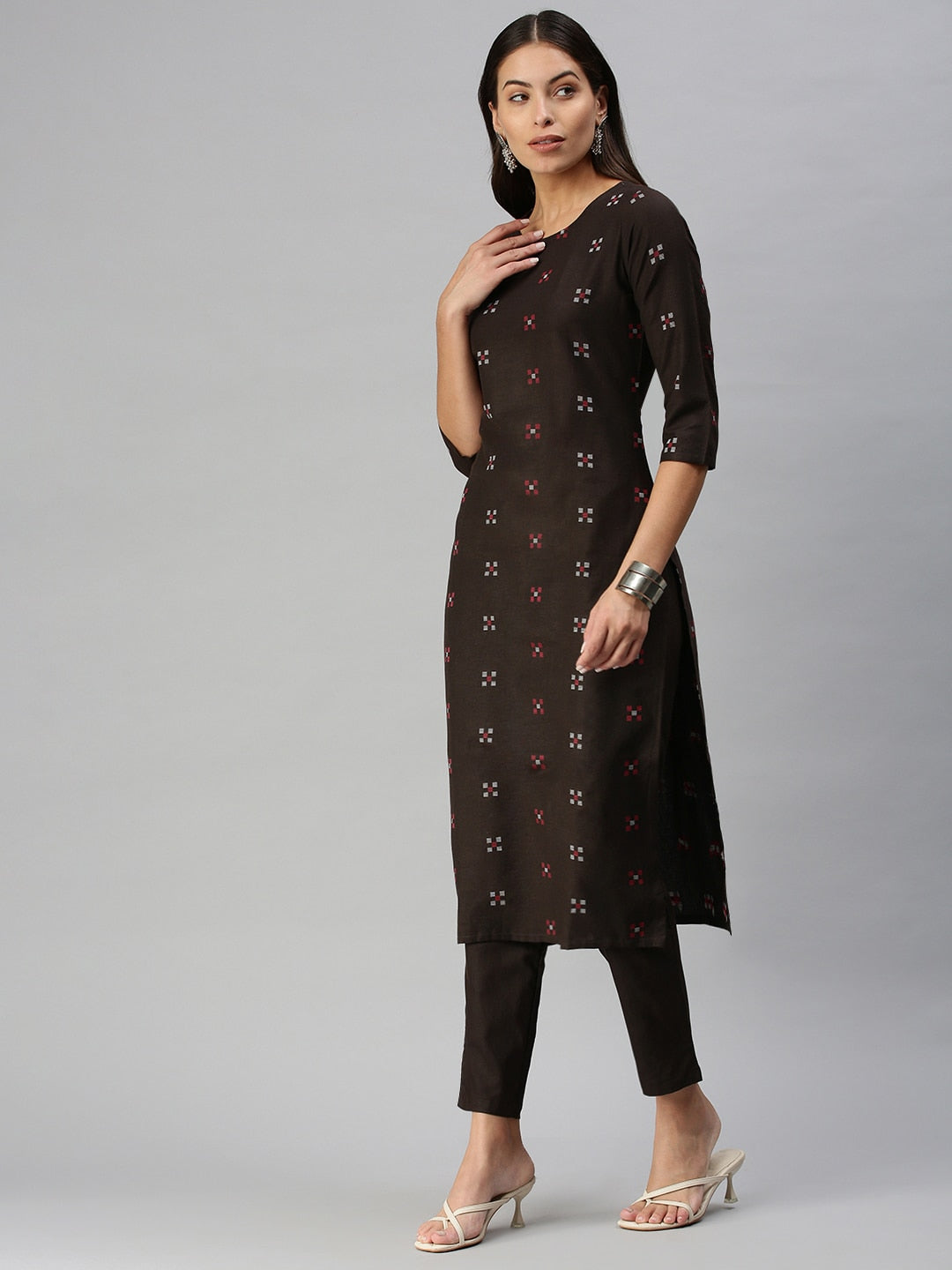 Kalini Women Coffee Brown Pure Cotton Geometric Woven Design Kurta with Trousers - Distacart