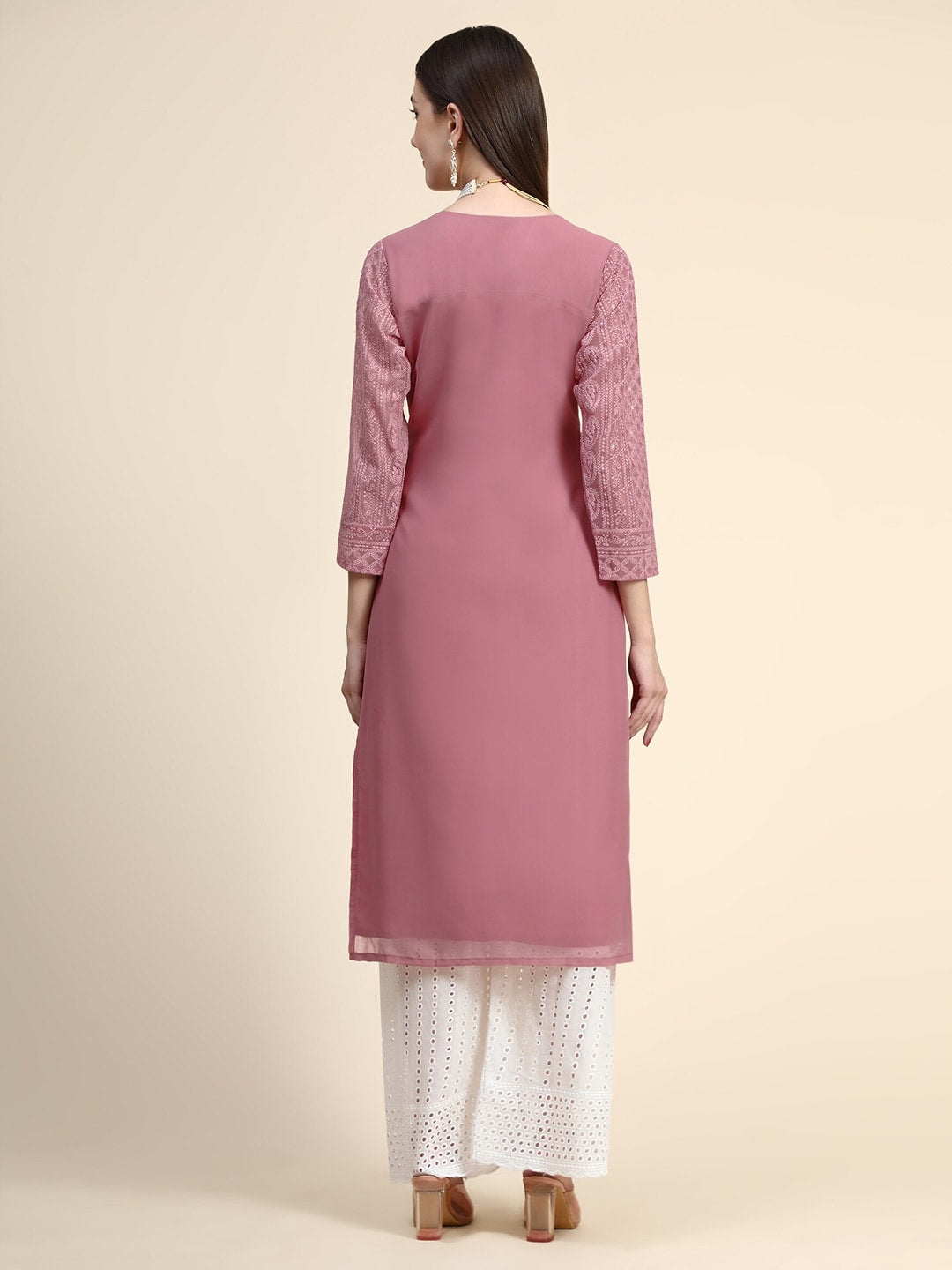 Kalini Round Neck Paisley Embroidered Chikankari Georgette Kurta - Distacart