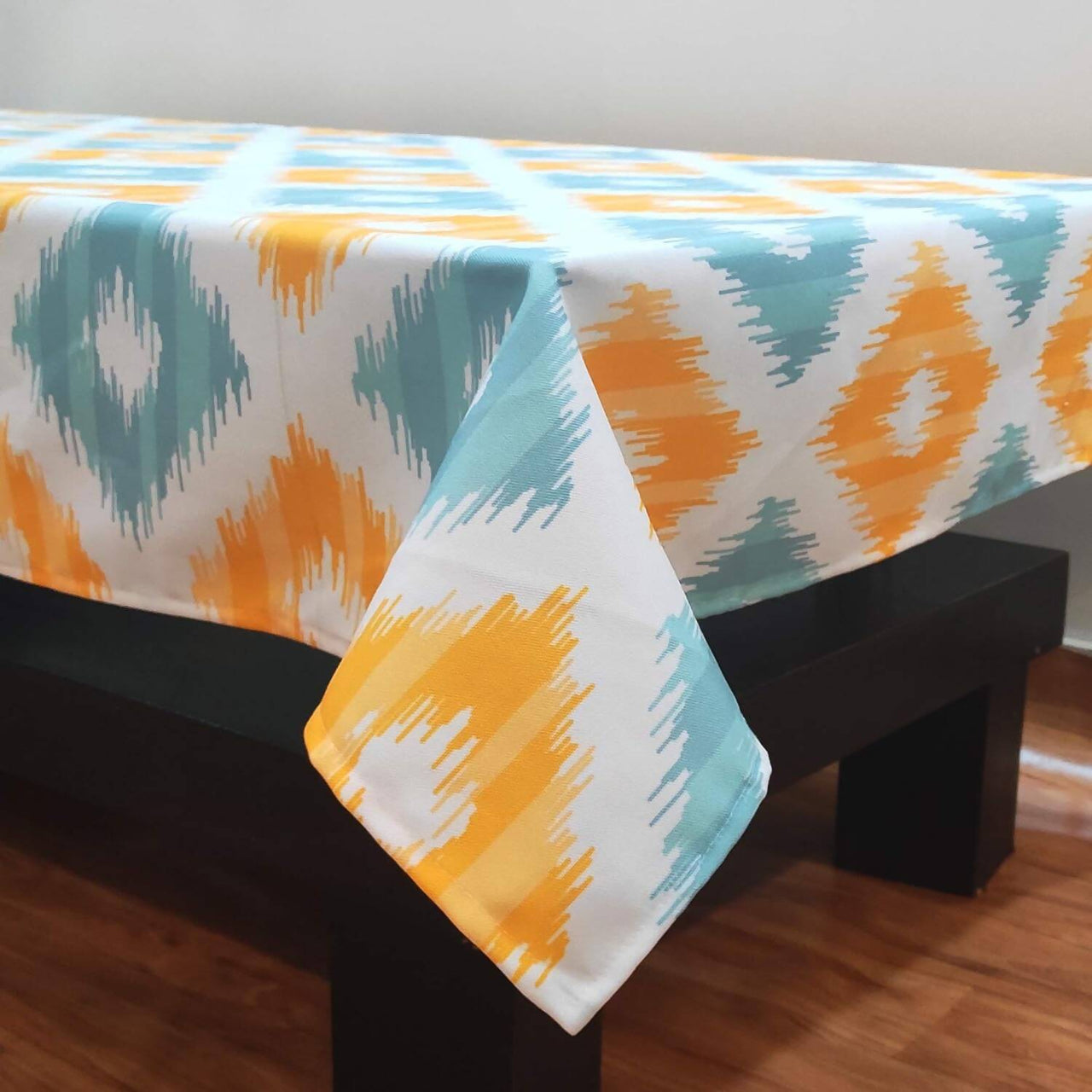 Stitchnest Ikat Yellow Teal Printed Poly Cotton Table Cover - Distacart