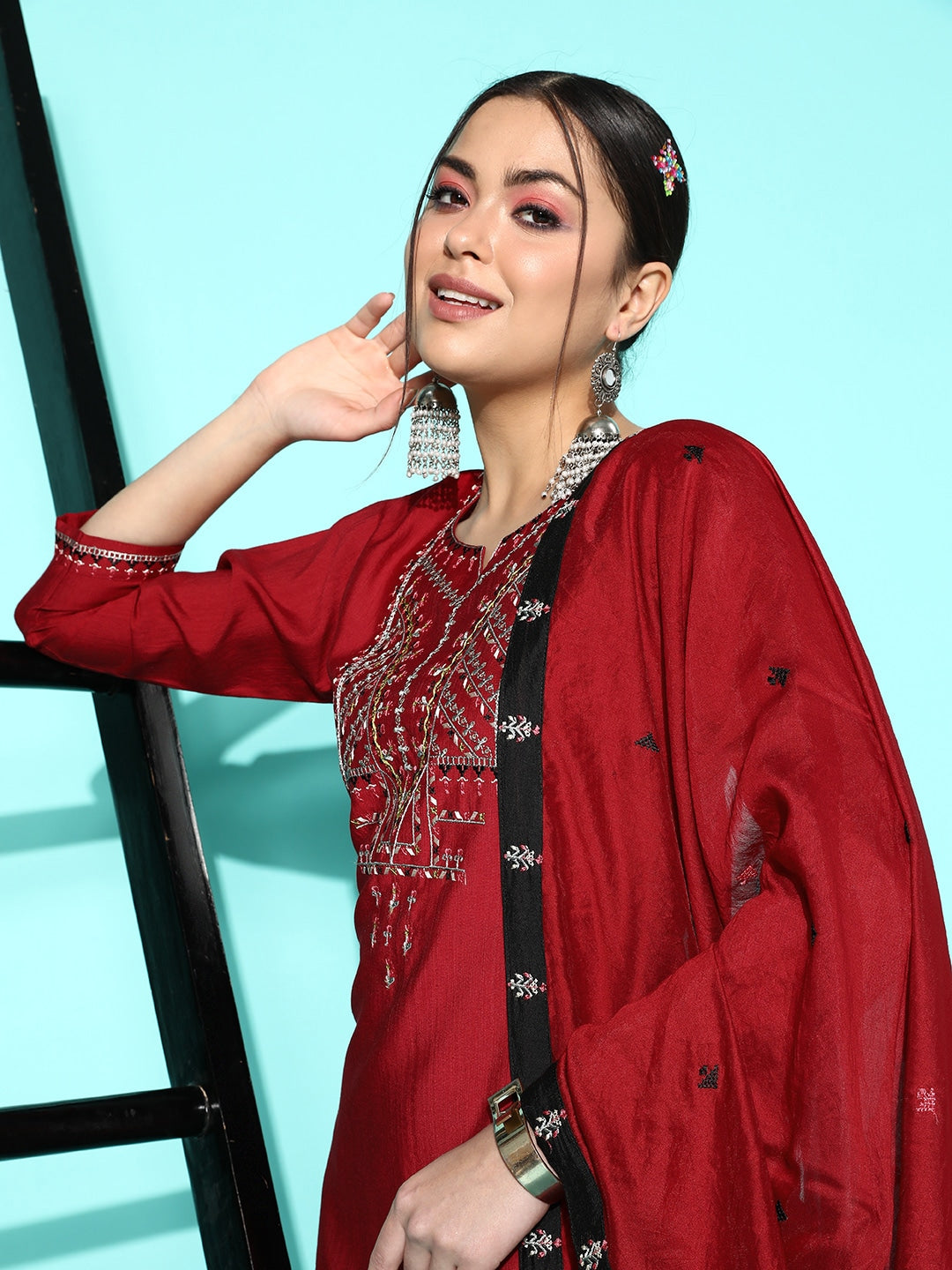 Sangria Women Maroon Ethnic Motifs Embroidered Thread Work Kurta With Trousers & Dupatta - Distacart