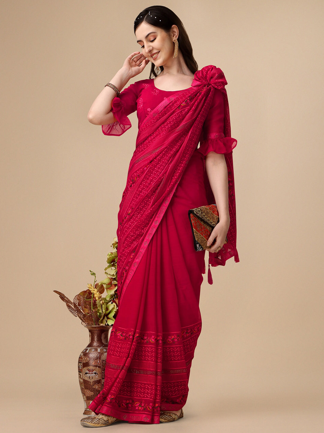 Kalini Floral Embroidered Pure Chiffon Saree - Distacart