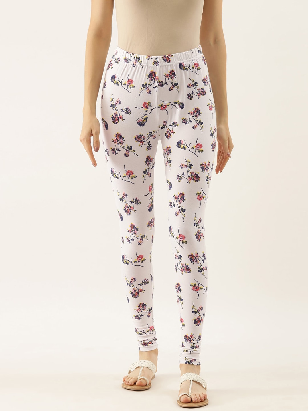 Souchii White Printed Slim-Fit Churidar-Length Leggings - Distacart