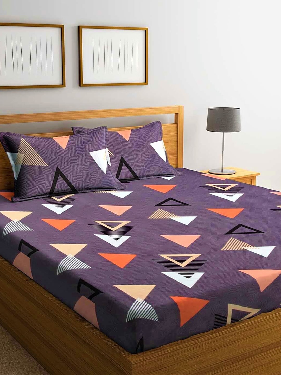 Home Sizzler Purple Geometric 210 TC Cotton 1 Double Queen Bedsheet With 2 Pillow Covers - Distacart