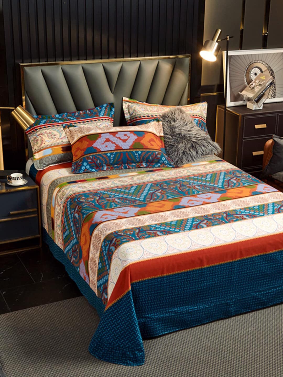 JC Collection Blue & Red Ethnic Motifs 220 TC King Bedsheet with 2 Pillow Covers - Distacart