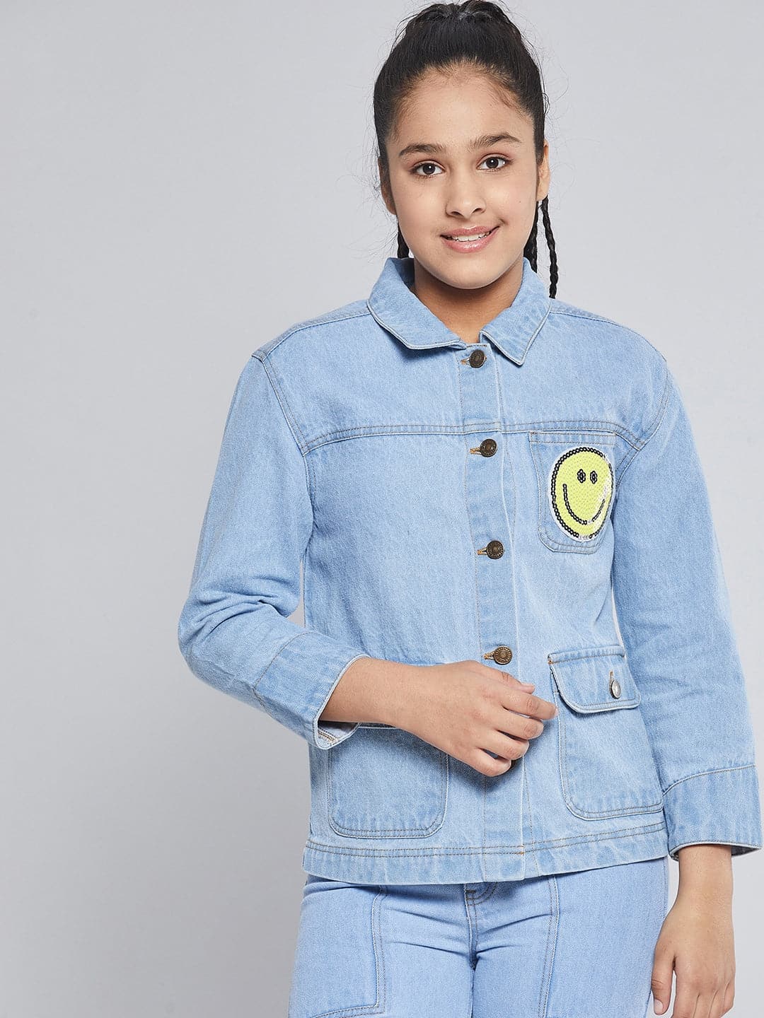 Lyush Ice Blue SMILEY Patch Denim Jacket For Girls - Distacart