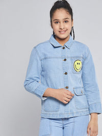 Thumbnail for Lyush Ice Blue SMILEY Patch Denim Jacket For Girls - Distacart