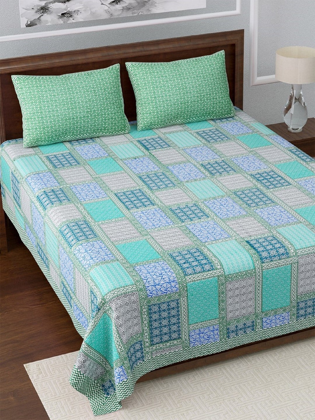 LIVING ROOTS Blue & Green Jaipur Printed 210 TC King Bedsheet with 2 Pillow Covers - Distacart