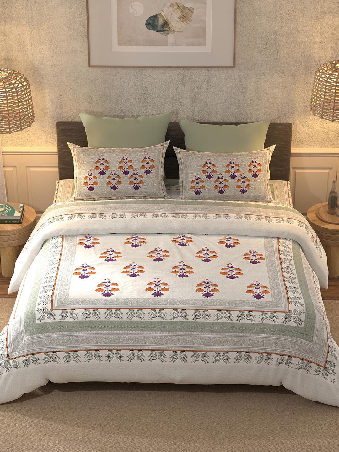 BELLA CASA Grey & Off White Ethnic Motifs 350 TC Cotton King Bedsheet with 2 Pillow Covers - Distacart