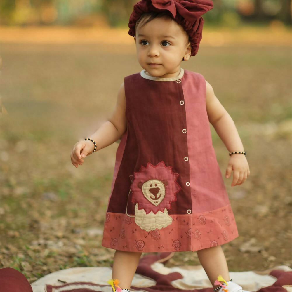 Mhyssa Amara Lion Patch Sleeveless A-line Maroon Frock - Distacart