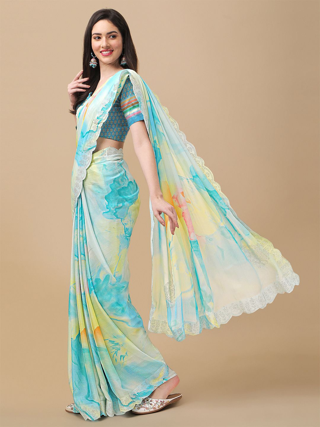 Mitera Blue & Blue Tie and Dye Beads and Stones Saree - Distacart