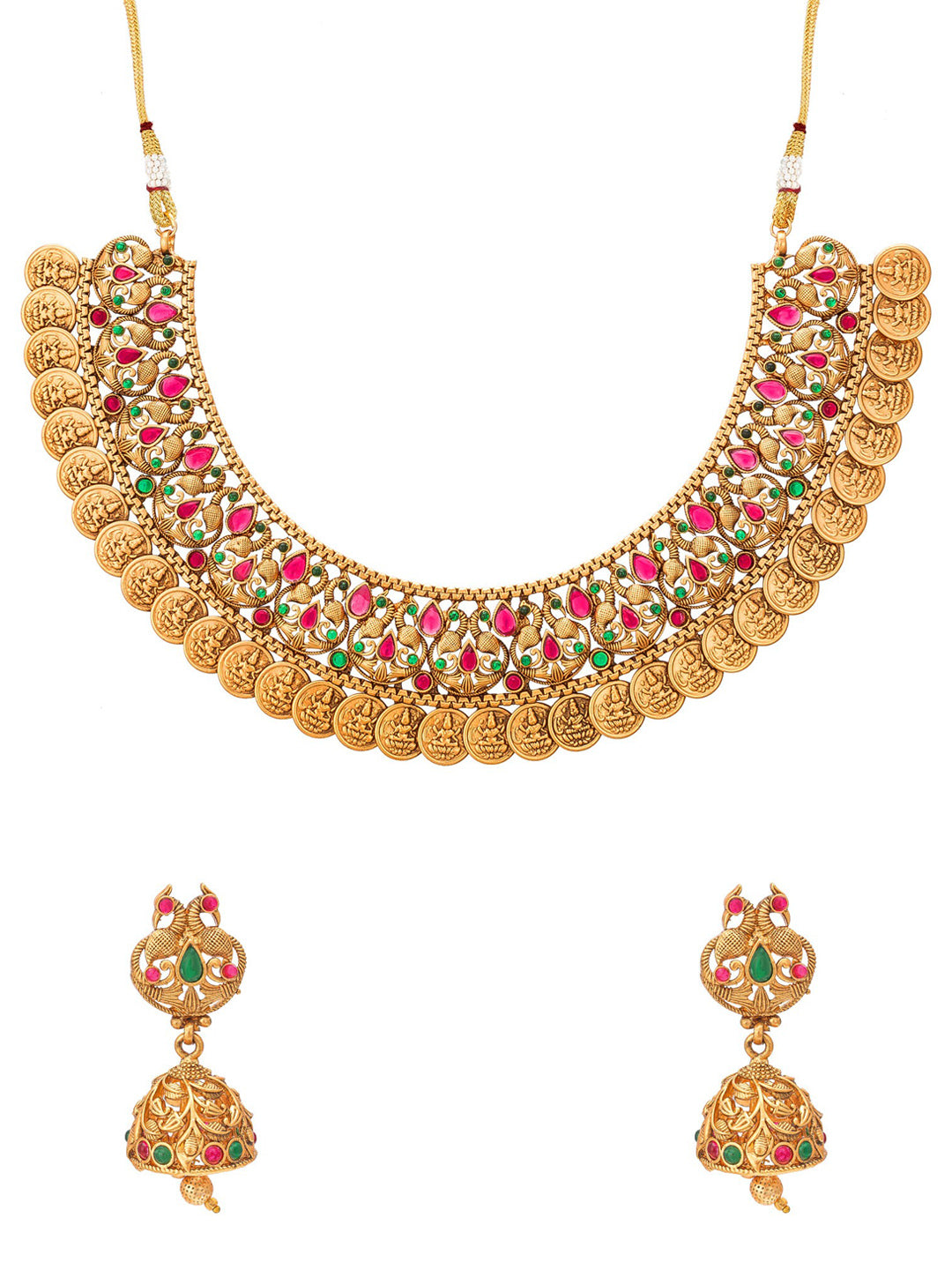 Aadita Gold-Plated Green & Pink Stone-Studded & Pearl Beaded Jewellery Set - Distacart