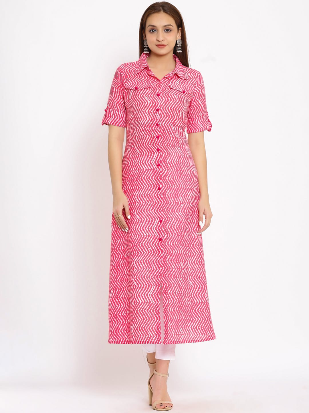 HERE&NOW Pink Shirt Collar Chevron Printed Roll Up Sleeves A-Line Kurta - Distacart