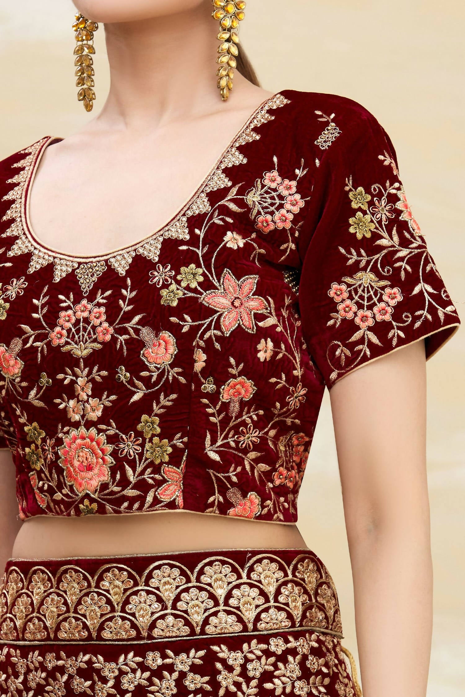 Maroon Velvet Semi-Stitched Wedding Bridal Lehenga - Nimaya - Distacart